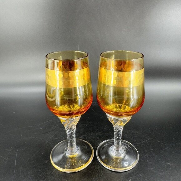 Vintage Czech Bohemian Small Goblet Drinking Glasses Set 2 Amber Clear Bottom - Picture 10 of 10